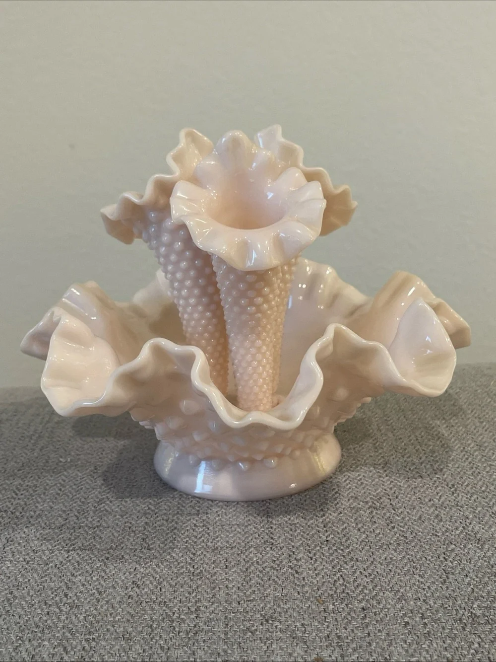 Fenton Hobnail Triple Epergne Vase in Pink Milk Glass - Picture 1 of 10